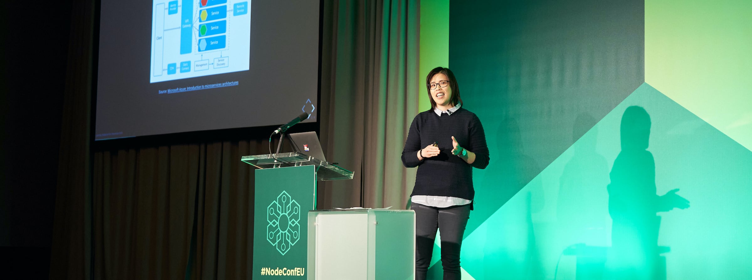 Julie Ng, on stage at NodeConf 2019